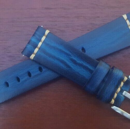 blue leather wrapped Italian calf watch strap