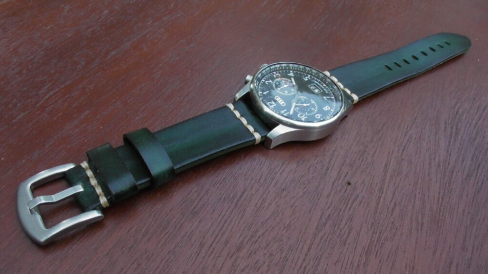 flaxton green leather watch strap with Audi watch