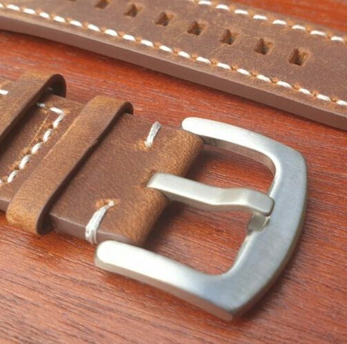 mapleton brown leather strap white stitching and silver buckle