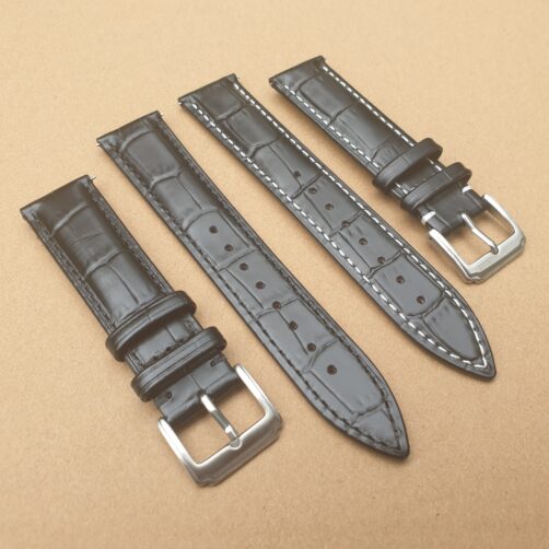 alligator pattern black leather watch strap with white stitching option