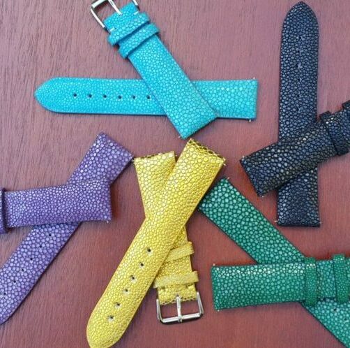 stingray leather watch strap colours black green gold turquoise purple