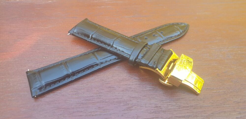 maleny black leather watch strap with gold clasp