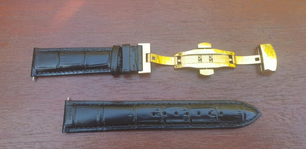 Black leather watch strap with Gold Clasp open