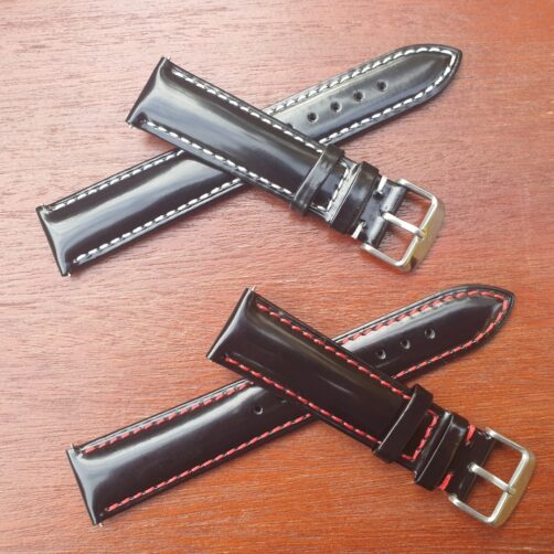 polished smooth leather watch strap with red or white stitching