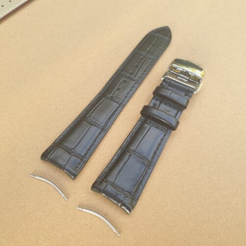 curved lug black Alligator pattern leather watch strap with deployant clasp