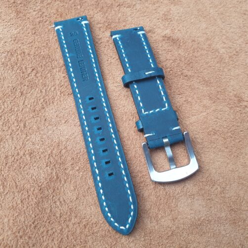 Underside ofmapleton blue leather watch strap with quick release